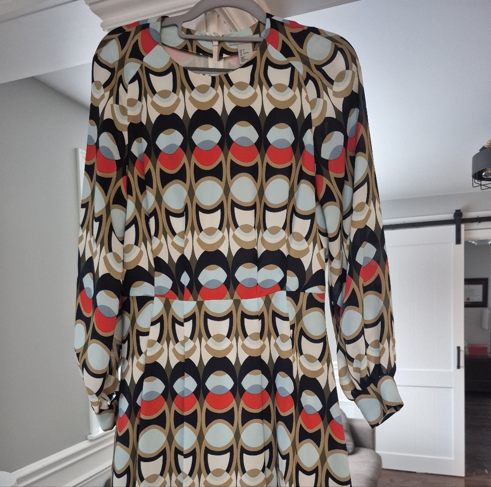 H&M Geometric Long Sleeve Dress - Red, Black, Gold, Blue